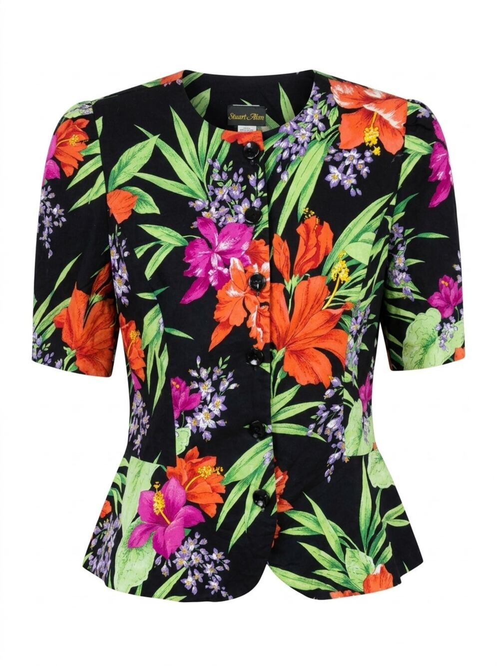 Vintage Stuart Alan Made in USA Black Floral Peplum Blouse Women Size 14